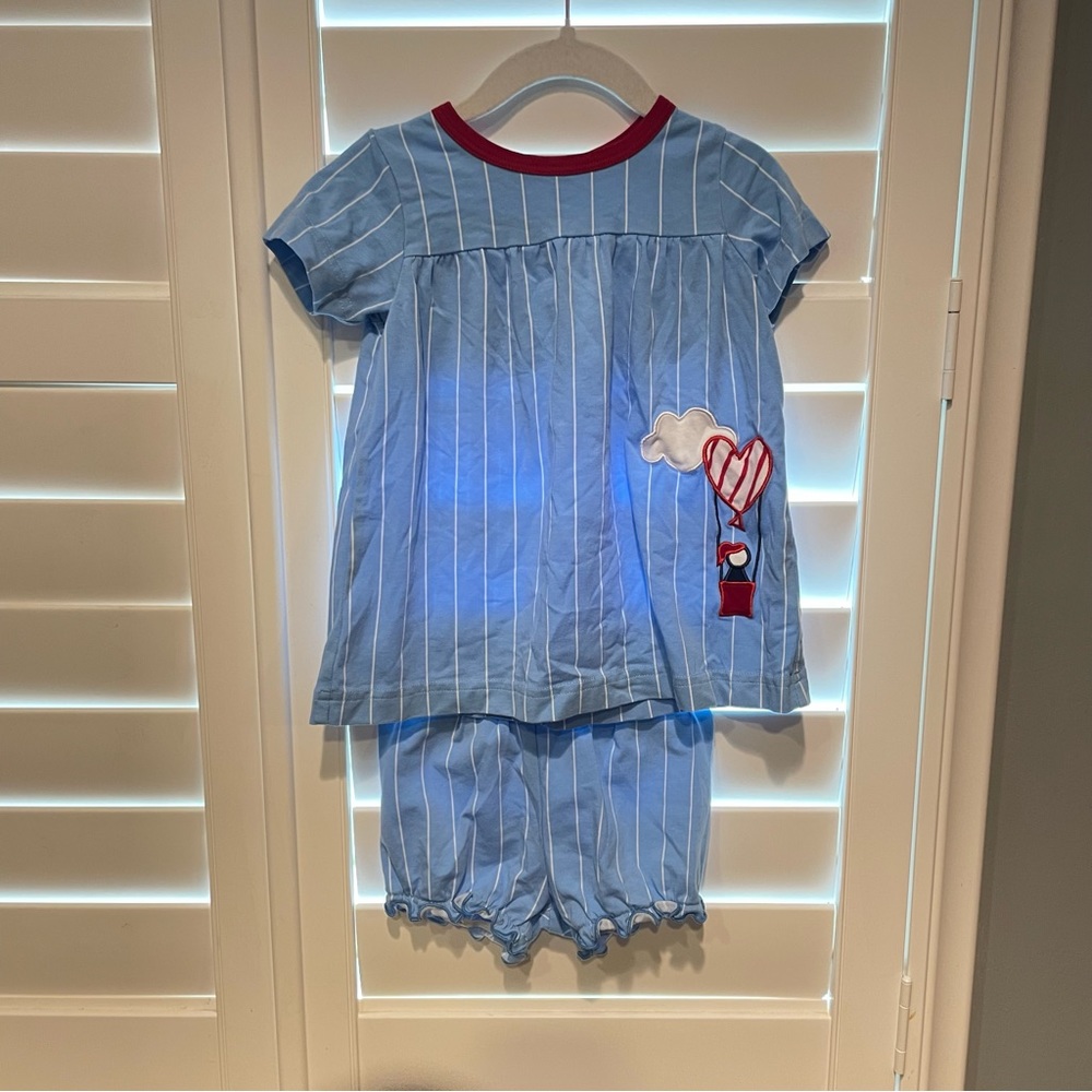 Florence Eiseman Striped Matching Set with Air Ballon Appliqué Blue White